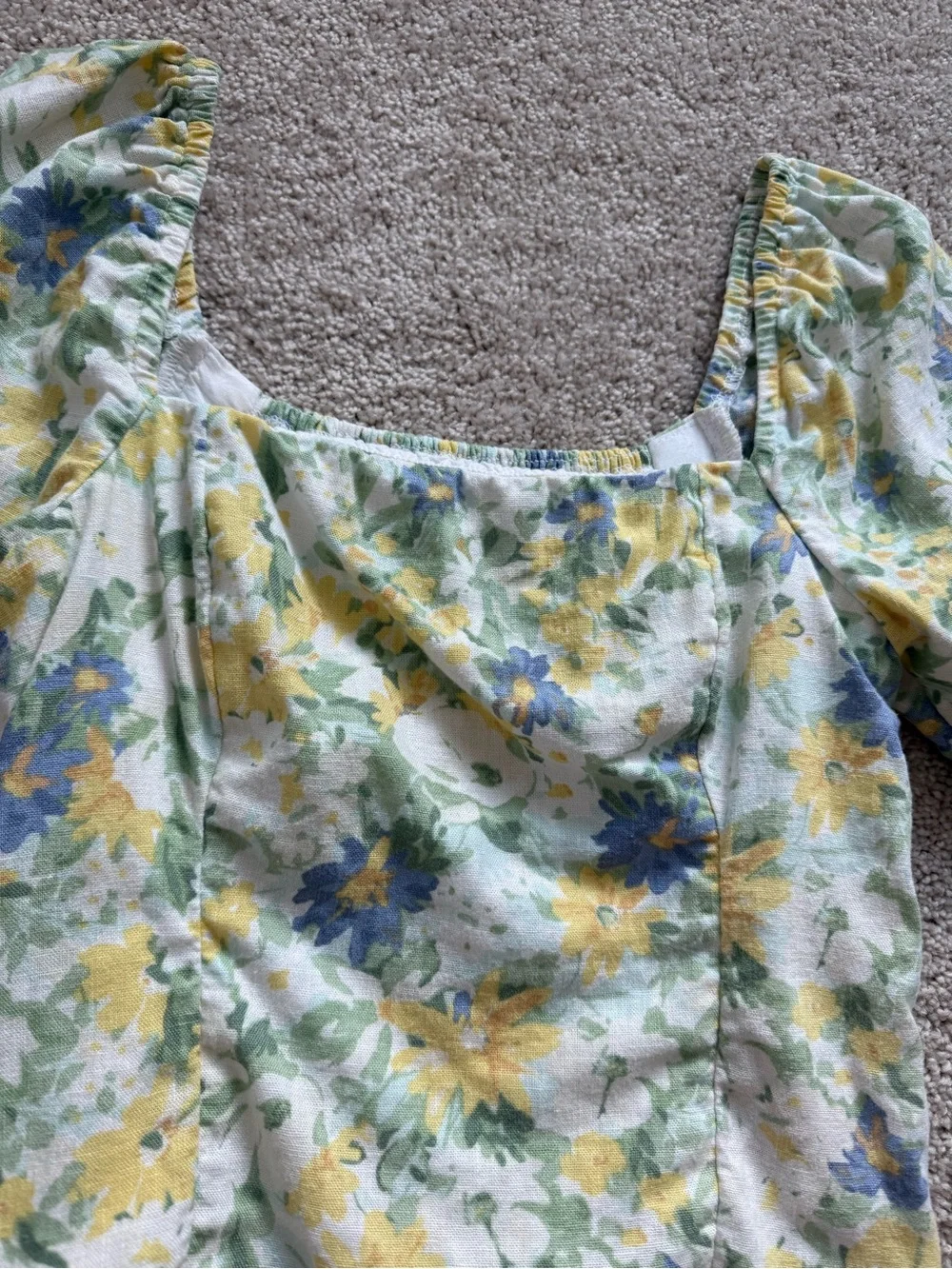 Abercrombie & Fitch Yellow and Blue Floral Square-Neck Puff Sleeve Top